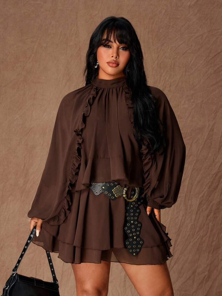 Rustia Party Plus Size Ruffle Hem Fitted Waist Long Sleeve Mini Dress With Layered Ruffle Hem, Brown | SHEIN
