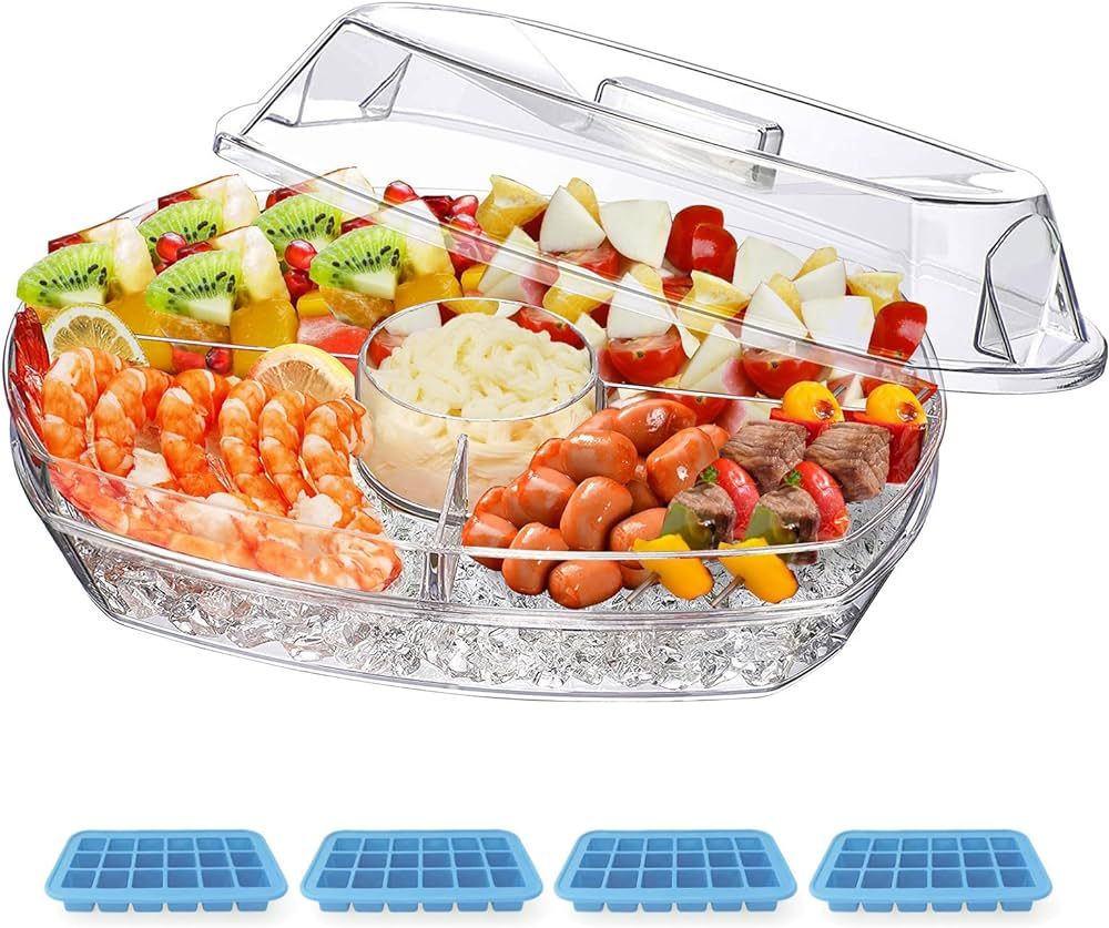 Appetizer Serving Tray on Ice, 15 Inch Party Platter with 4 Ice Cube Tray, Kitchen Chilled Food B... | Amazon (US)