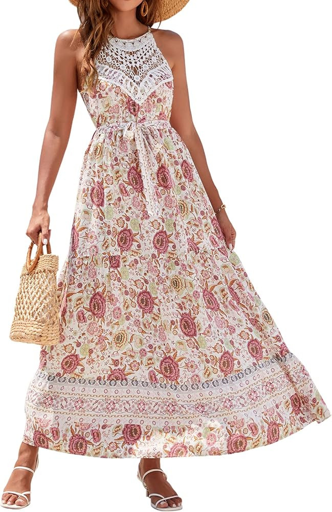 FARORO Womens Long Dress Sleeveless Boho Casual Dresses Lace Casual Halter Gown Split Loose Cover Up | Amazon (US)