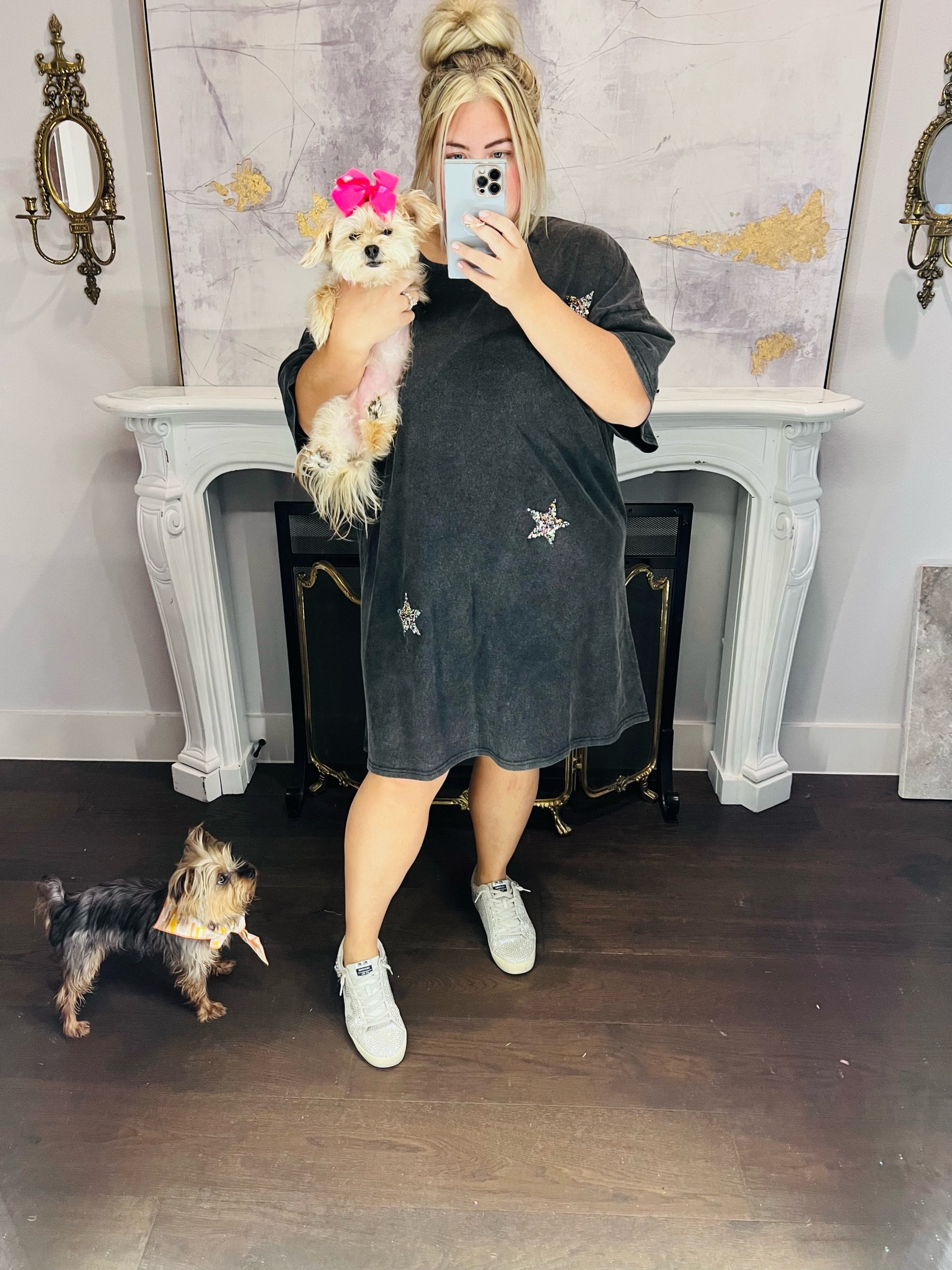 Family bbq day and the pups are ready to partyyyyy! I’m loving this sparkly t shirt dress and these rhine stone sneakers! 

Athleisure, casual wear, golden goose dupes, petite plus fashion. 

#LTKstyletip #LTKfindsunder50 #LTKfamily
