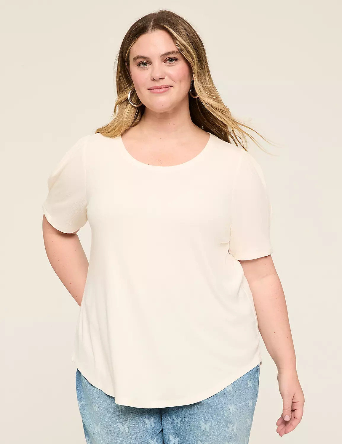 Curved-Hem Pleat-Sleeve Rib Tee | Lane Bryant (US)
