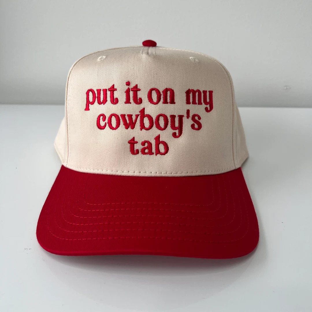 Put It on My Cowboys Tab Embroidered Trucker Hat, Western Fashion, NFR Fashion, Red and Natural -... | Etsy (US)