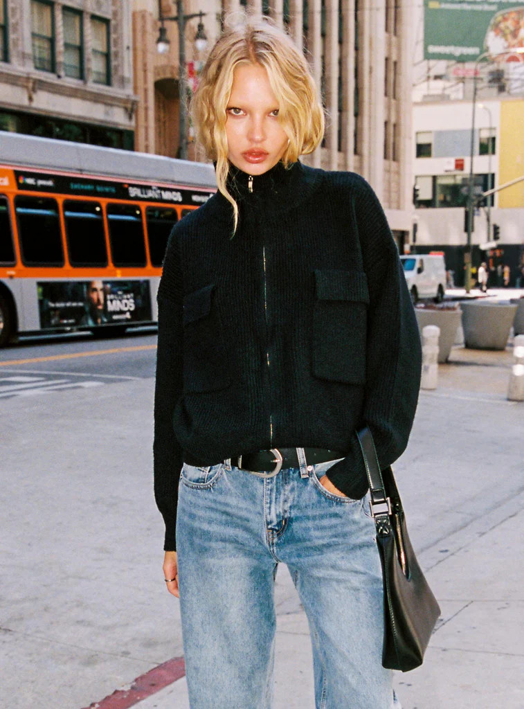 Too Busy Zip Up Sweater Black | Princess Polly US