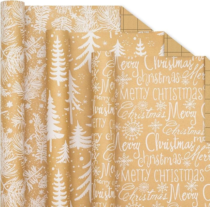 HOMERAL Christmas Wrapping Paper Roll - Brown Kraft Paper with Vintage White Christmas Tree, Pine... | Amazon (US)