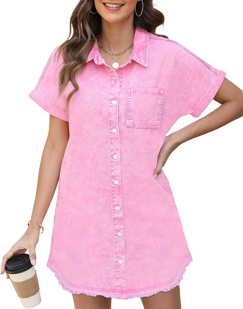 Denim Dress for Women Midi Jean Shirt Dresses Button Down Short Sleeve Summer Womens Jeans Babydo... | Amazon (US)