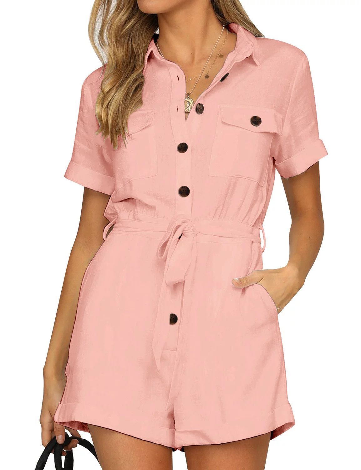 Vetinee Women's One Piece Rompers for Summer Short Sleeve Belted Jumpsuits Size XL | Walmart (US)