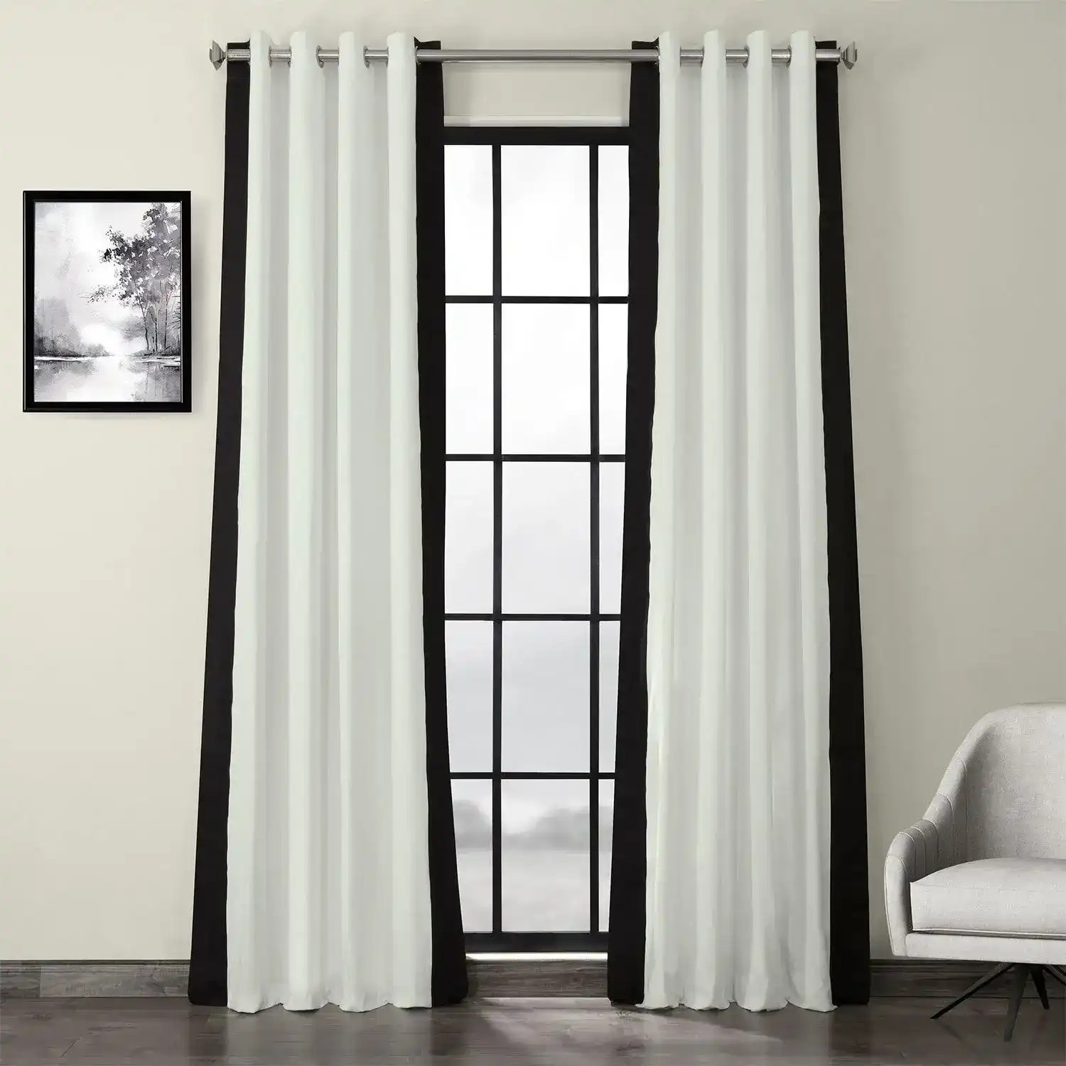 Fresh Popcorn & Black Bordered Grommet Vertical Printed Cotton Curtain | Half Price Drapes | Half Price Drapes