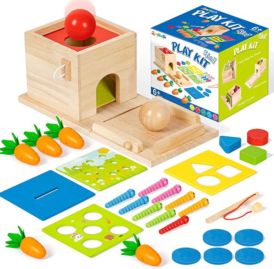 5-in-1 Wooden Play Kit Montessori Toy - Object Permanence Box, Coin Box, Carrot Harvest, Catch Wo... | Amazon (US)