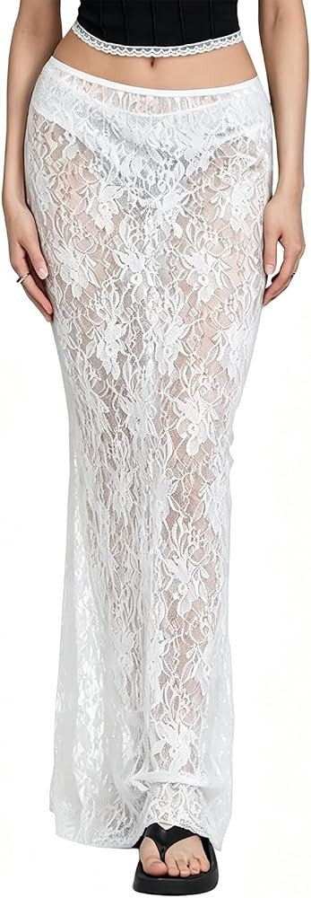Women Floral Lace Long Skirt High Waist Bodycon Midi Skirts Maxi Skirt | Amazon (US)