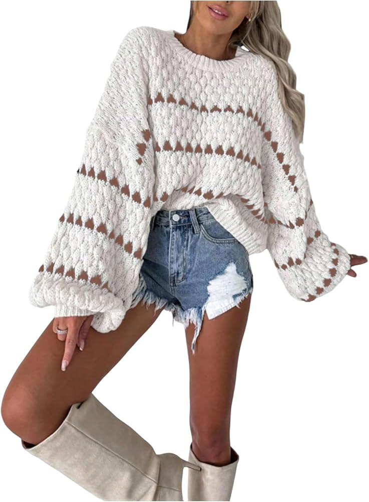 GORGLITTER Women's Striped Long Sleeve Oversized Chunky Sweater Trendy Fall Cozy Cute Cable Knit ... | Amazon (US)