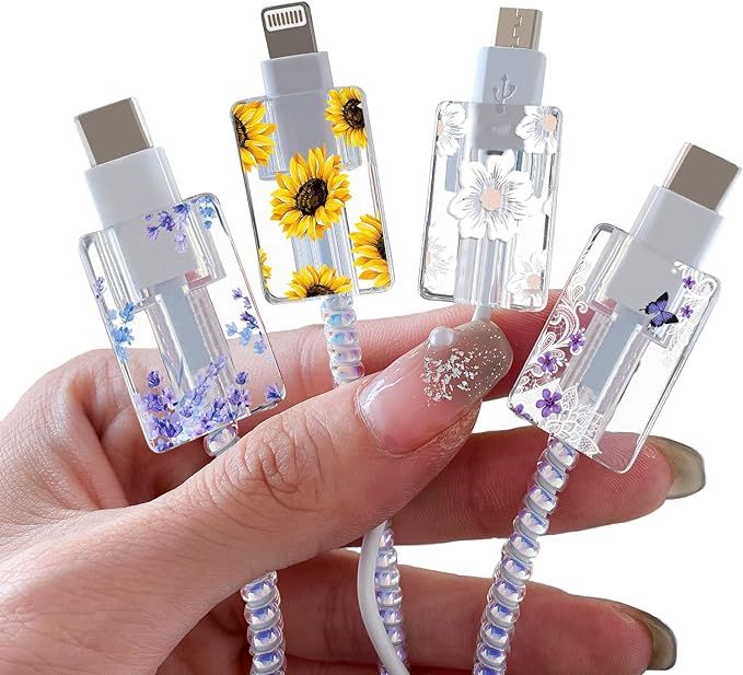 Flower Floral Lightning Cable Protector for iPhone Charger,Cute Lavender Sunflower Lace Blossom P... | Amazon (US)