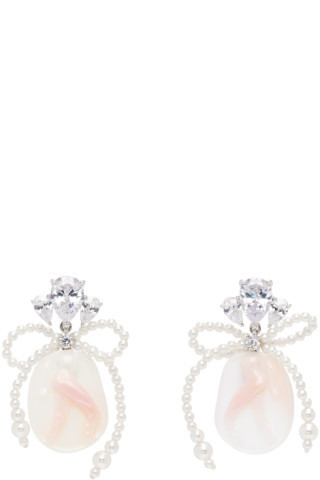 Silver & Pink Embossed Pearl Bow Earrings | SSENSE