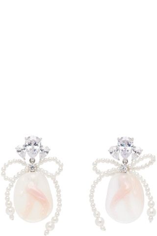 Silver & Pink Embossed Pearl Bow Earrings | SSENSE