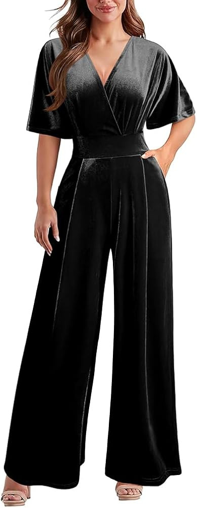 DAAWENXI Women's Casual Velvet V Neck Short Sleeve Jumpsuits Long Wide Pants One Piece Romper wit... | Amazon (US)