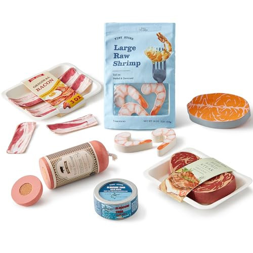 Tiny Land Organic Play Food Set - 6PCS Wooden Seafood & Meat Toy Set for Kids, Pretend Grocery for Kitchen Play, Montessori Toy Gift | Amazon (US)