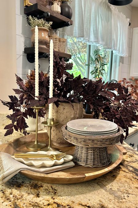 Fall Inspired Serving Tray. Follow @farmtotablecreations on Instagram for more inspiration. Serving Tray. Wood Tray. Hobnail Vase. Amazon Home. Cimicifuga Ramosa Leaves. Leaf Dish. Gold Serveware. Salad Plates. Candlesticks. Spiral Candles  

For reference 3 stems shown  

#LTKunder50 #LTKFind 

#LTKhome