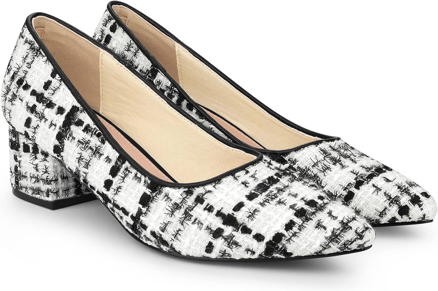 Allegra K Women's Pointy Toe Tweed Plaid Knitted Printed Chunky Heels Pumps | Amazon (US)