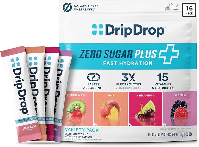 DripDrop Zero Sugar Plus - Sugar Free Hydration Packets - Single Serve Electrolytes Powder Drink ... | Amazon (US)