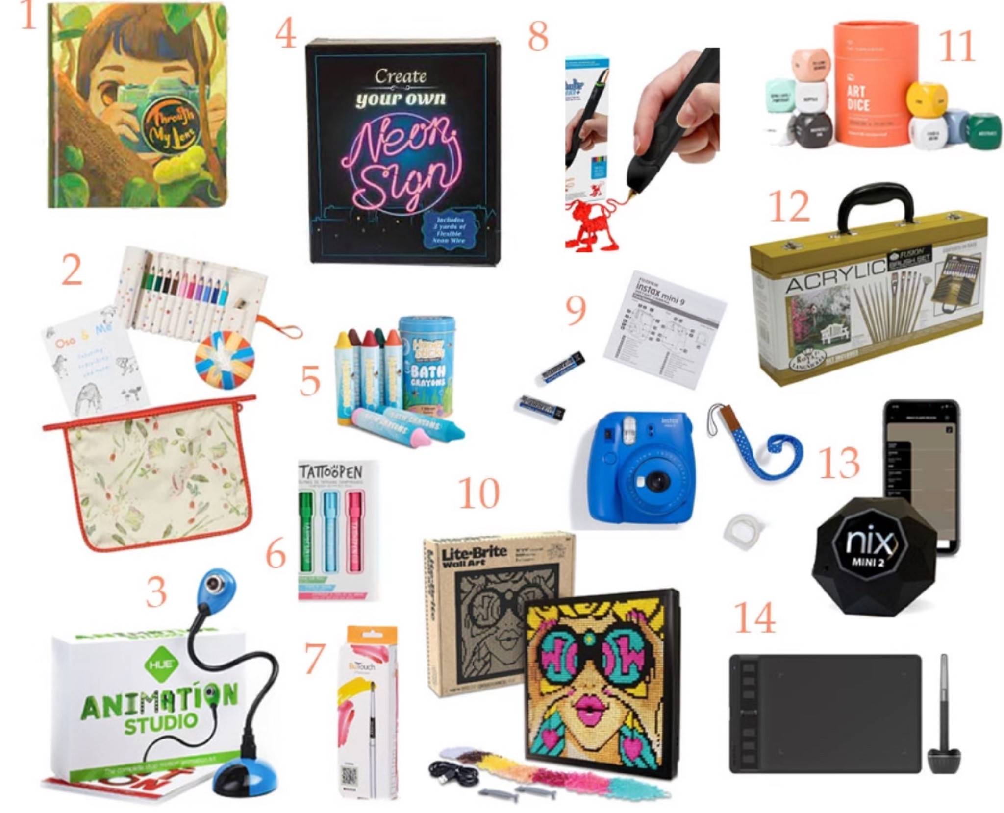Have a budding artist on your list? Here are some gift ideas to help fuel their creativity:

1. Through My Lens Photography Challenge Book
2. Art on the Go Bundle
3. Animation Studio Stop Motion Kit
4. Create Your Own Neon Sign Kit
5. Bath Crayons
6. Temporary Tattoo Pens
7. Professional Digital Painting Brush Stylus
8. 3D Printing Pen
9. Fujifilm Instax Mini 9 Instant Camera, Cobalt Blue
10. Lite-Brite Wall Art POP Wow 
11. Art Dice - Drawing & Painting Game
12. Acrylic Painting Box Set
13. Nix Mini 2 Color Sensor Colorimeter
14. 2023 HUION Graphics Drawing Tablet Inspiroy

#giftguide #kidsgifts #kidgiftideas #teengiftideas #teengiftguide #teengifts #tweengiftideas #tweengiftguide#tweengifts #artgifts #artgiftguide #artistgifts #photographergifts #digitalartist #digitalartist

#LTKGiftGuide #LTKkids #LTKHoliday