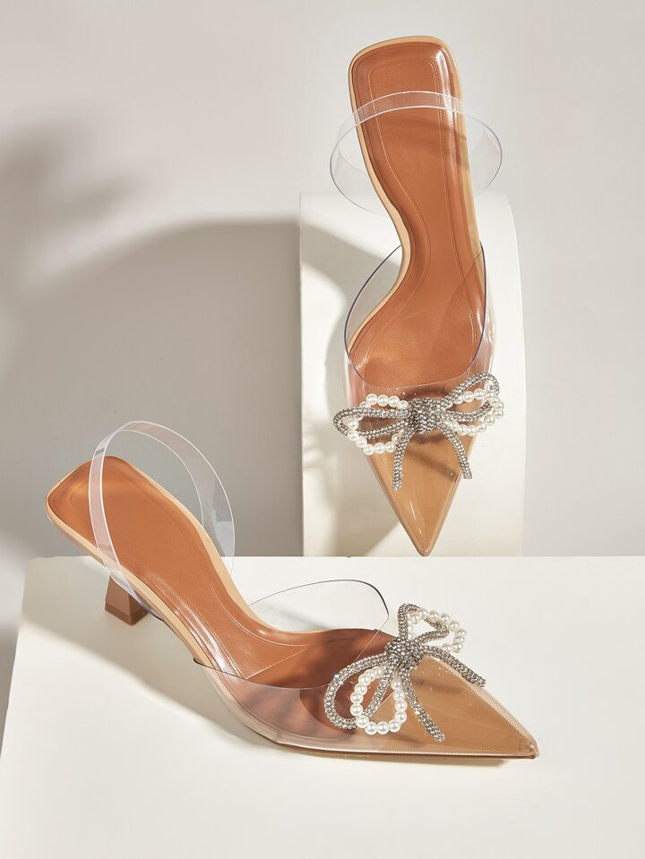 Women Faux Pearl & Bow Decor Chunky Heeled Sandals, Fashionable Party Apricot Slingback Sandals | SHEIN