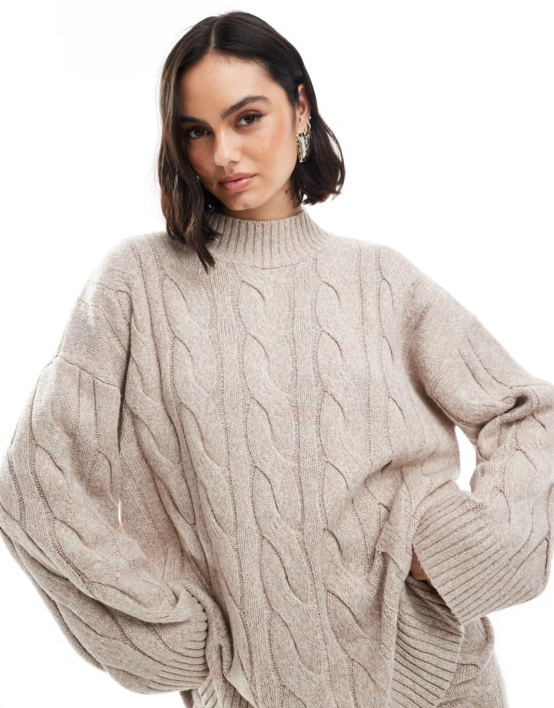 Pretty Lavish cable knit roll neck sweater in beige - part of a set | ASOS (Global)