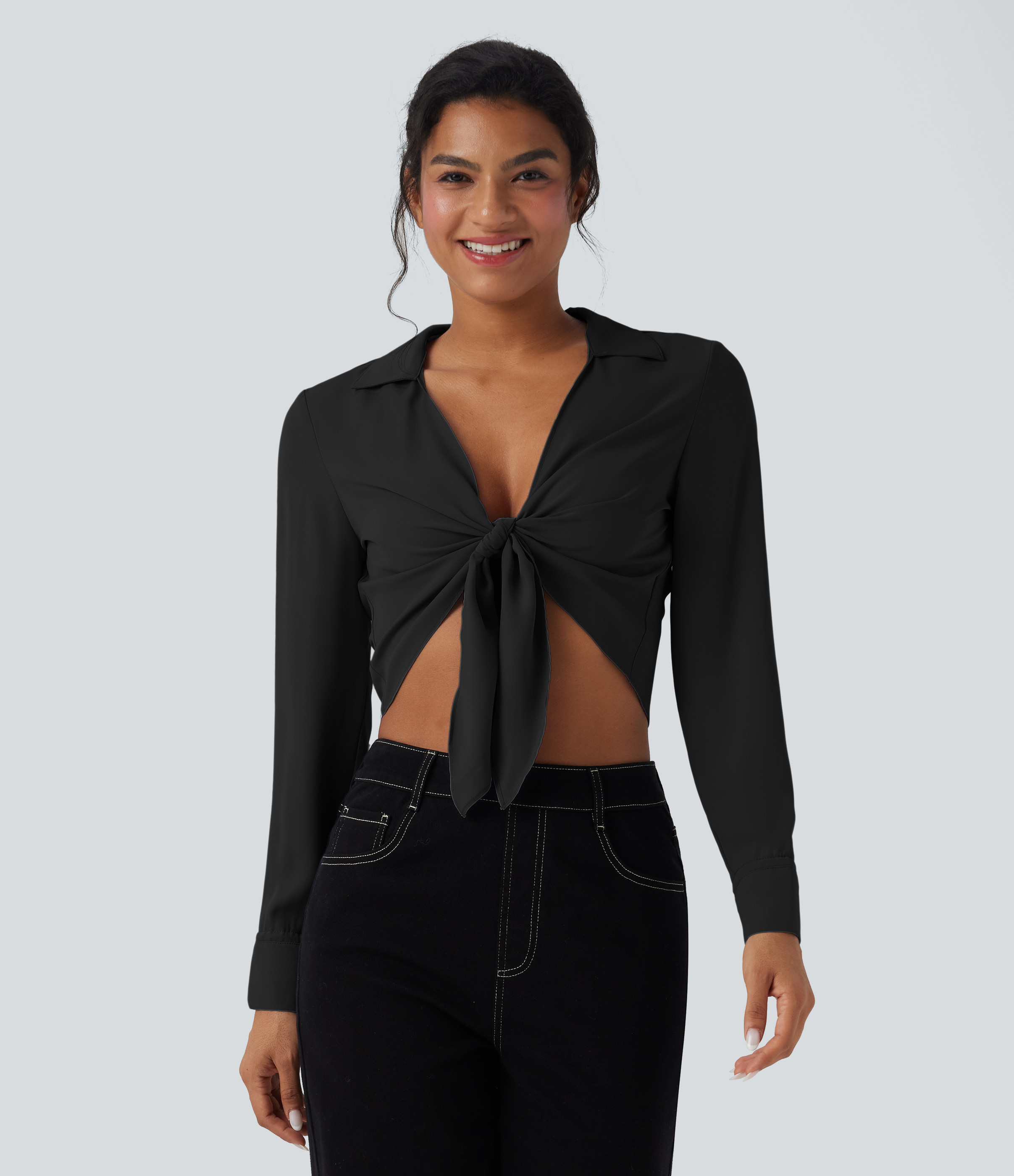 Halara Tie Front Long Sleeve Cropped Casual Blouse - Black - XS | HALARA