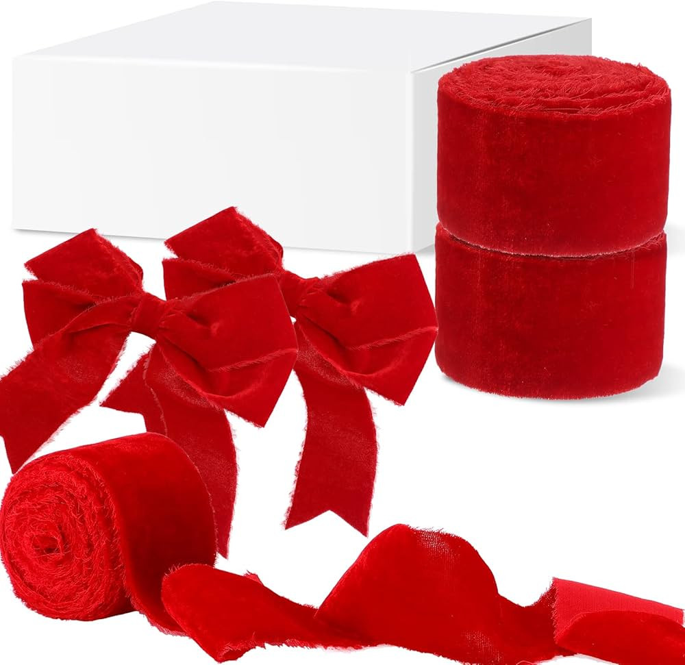 6 Yards Velvet Wrapping Ribbon, 2 Roll Wedding Silk Frayed Handmade Velvet Ribbon for Wrapping We... | Amazon (US)