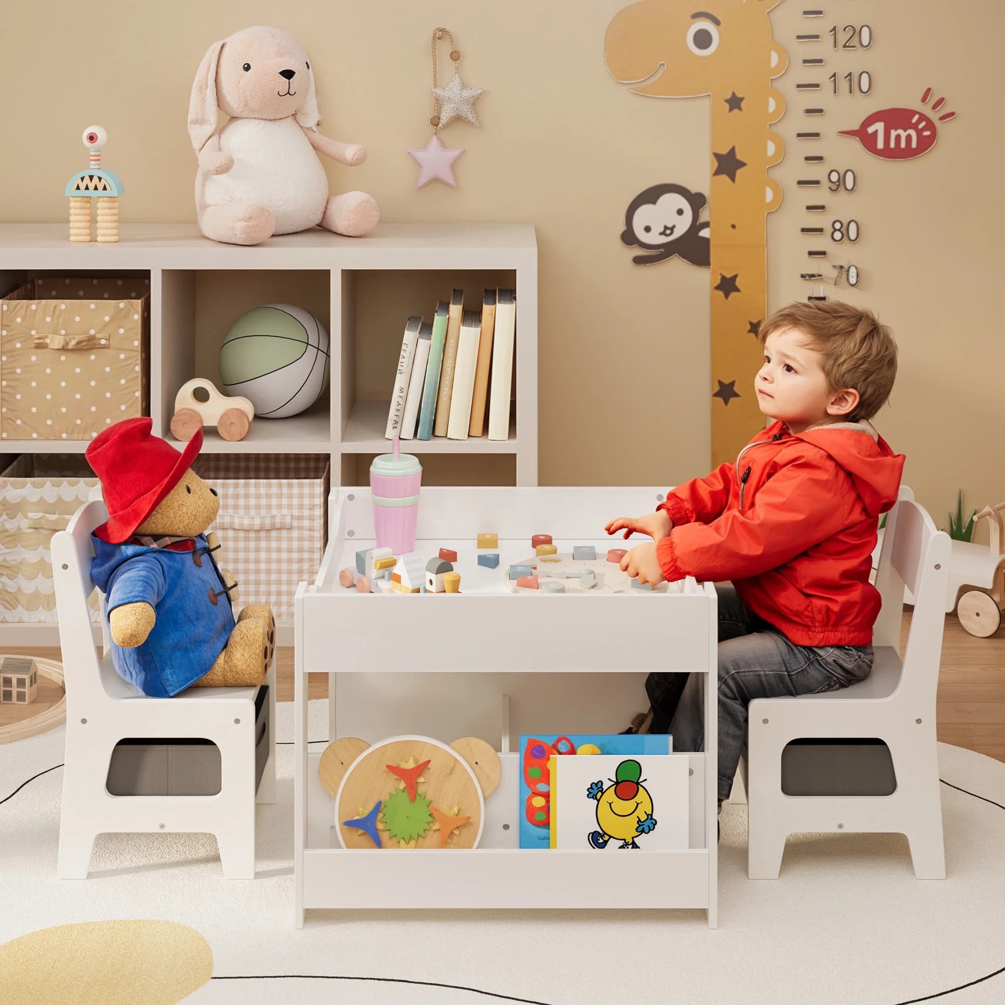4-in-1 Kids Table and Chairs Set with Removable Tabletop Storage, Toddler Craft Table and Charis for Drawing Playing Studying Eating in Playroom Kids Room Living Room, Natural | Walmart (US)