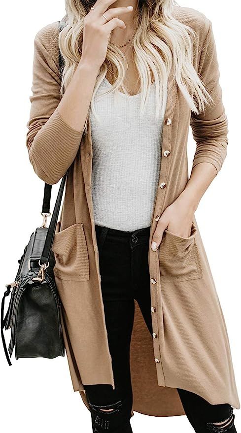 Sidefeel Women Long Sleeve Solid Color Button Down Knit Ribbed Cardigans Outwear | Amazon (US)