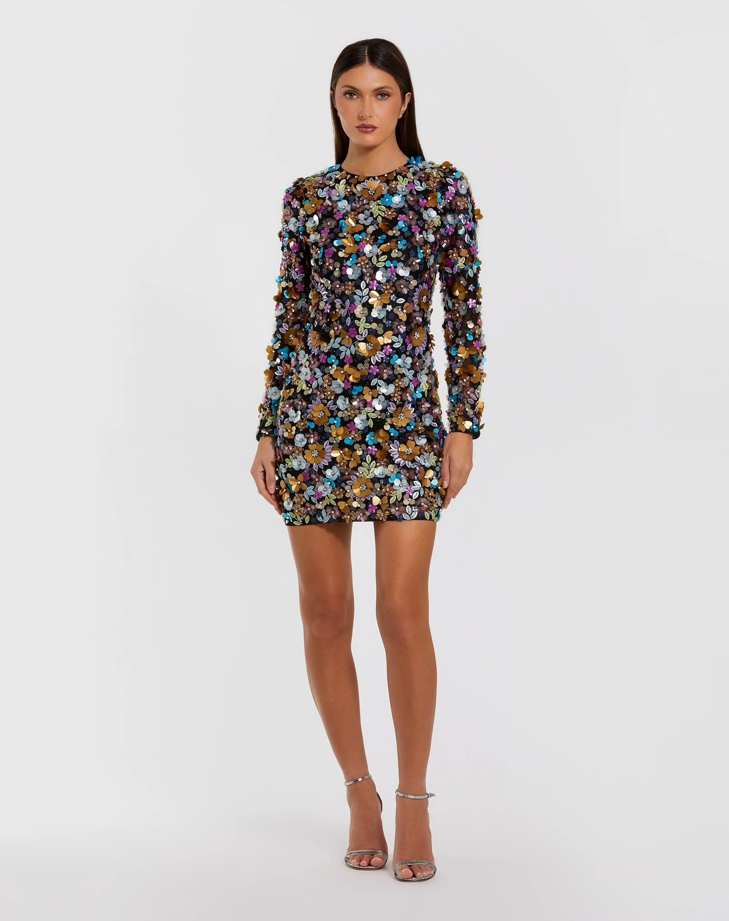 Mac Duggal - Black Long Sleeve Multicolor 3D Sequin Mini Dress - Black Multi / US 0 | Mac Duggal