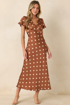 Forever Classic Brown Polka Dot Satin Midi Dress S / Brown | Red Dress