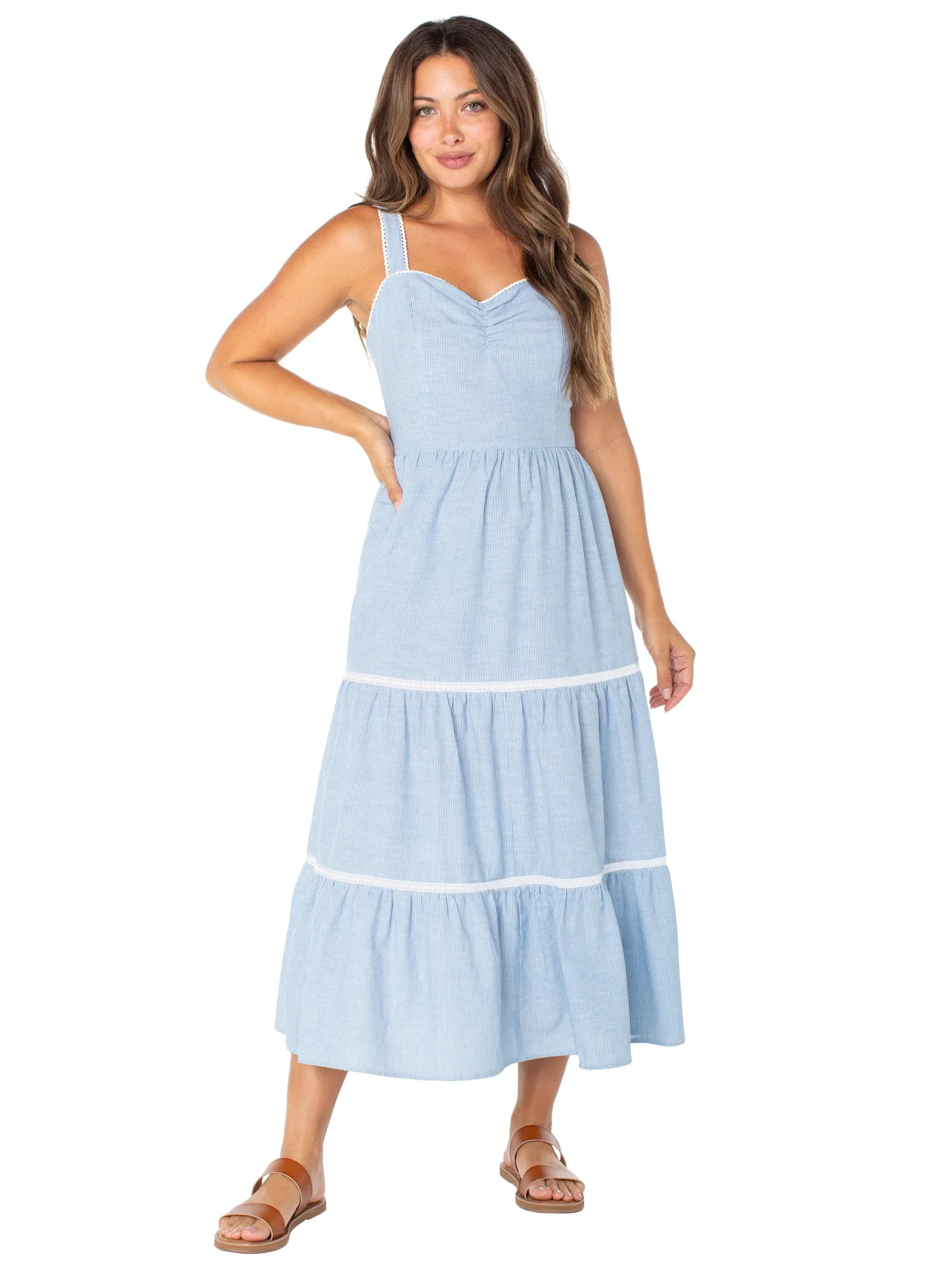 Celebrity Pink Women's Sleeveless Lace Trim Tiered Maxi Dress, Sizes XS-XXXL | Walmart (US)