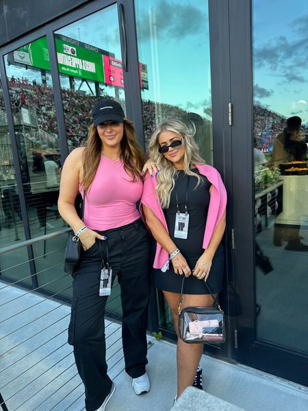 Edgy chill & girly outfit to mix and match with your bestie for outdoor sporting events ⚽️🎀👟 im wearing a medium in the top and a 31 long in the pants :)