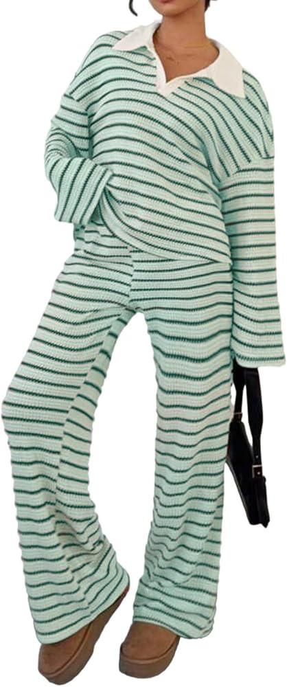Womens Striped 2 Piece Sets V Neck Long Sleeve Pullover Tops High Waist Wide Leg Pants Casual Kni... | Amazon (US)
