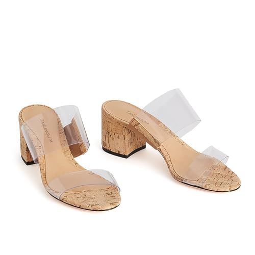 Clear Round Toe Chunky Heels Sandals for Womens Slip On Open Toe One Word Belt Summer Daily Party High Heels Sandals Casual Comfortable Slippers,Cork,8.5 | Amazon (US)