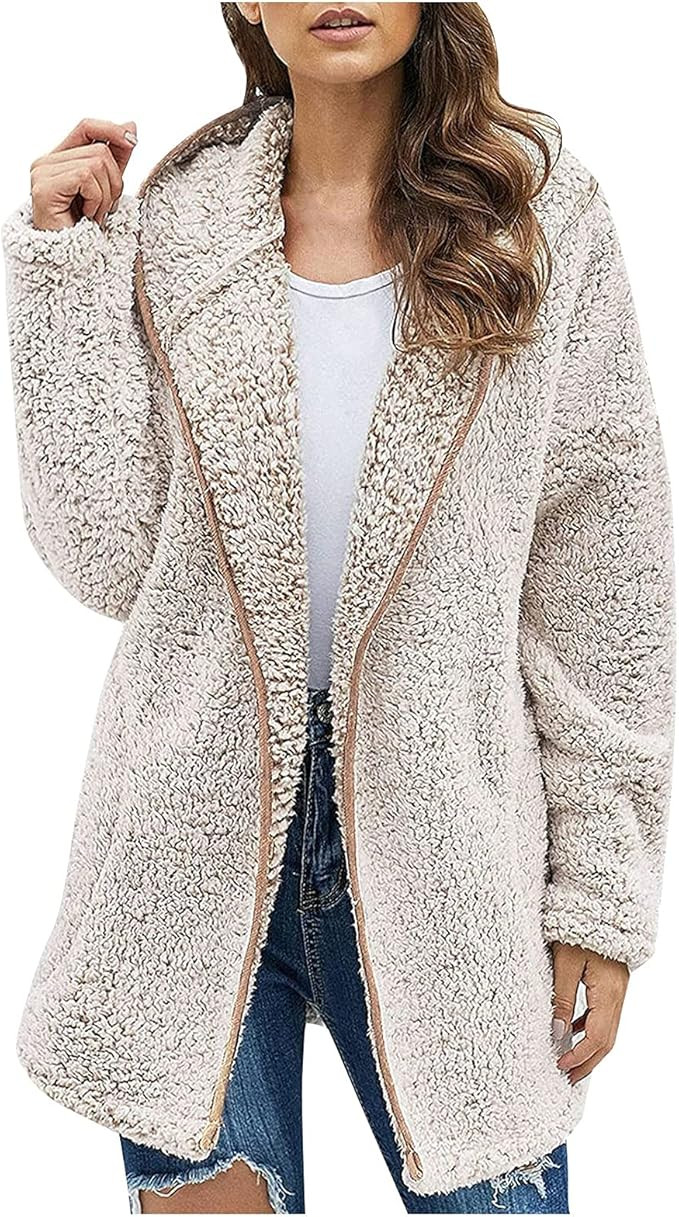 Womens Hooded Jackets Zip Up Fuzzy Fleece Outwear Coat Long Sleeve Fall Warm Sherpa Jacket with P... | Amazon (US)