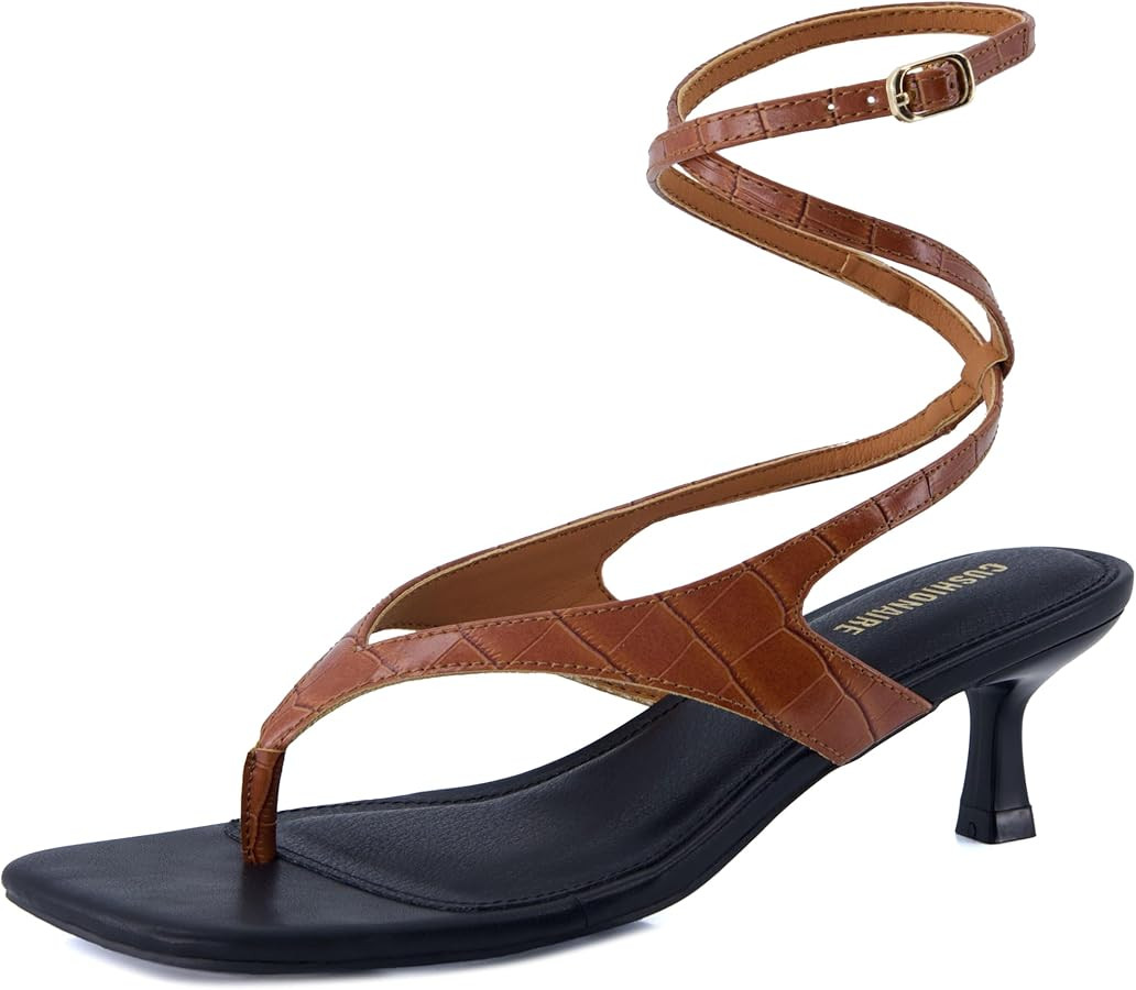 CUSHIONAIRE Martini Women\u2019s Ankle Wrap Heel Sandal \u2013 Strappy Faux Leather Thong with Ki... | Amazon (US)