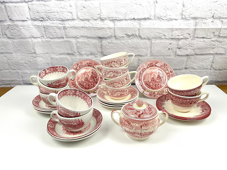 Vintage Pink Transferware Teacups Red White Memory Lane Mayfair Wedgwood Pink Colonial Historic A... | Etsy (US)