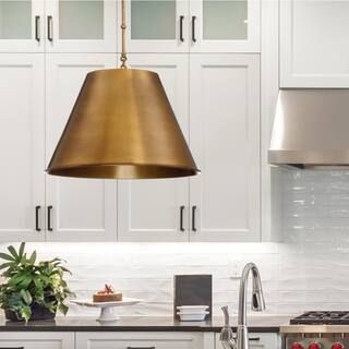 Alden 18.25 in. W x 12.5 in. H 1-Light in Warm Brass Shaded Pendant Light with Opaque Metal Shade | The Home Depot
