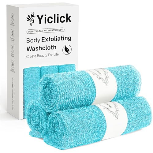 Yiclick Exfoliating Washcloth Towel [3 Pack], Japanese Exfoliating Bath Wash Cloth for Body Exfoliation, Korean Back Scrubber Washer for Shower, African Net Sponge Brush Loofah Exfoliator (Blue) | Amazon (US)