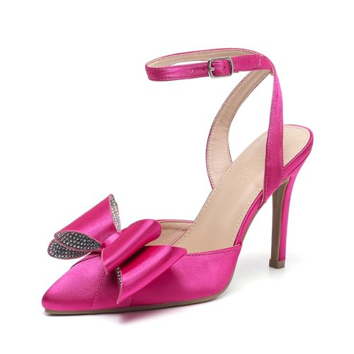 Amoji Women's Hot Pink Stiletto Rhinestone Bow High Heels Sexy Dress Pump Shoes Wedding Bridal Sparkly FZ320 Hot Pink Heels Size 8.5 women | Amazon (US)