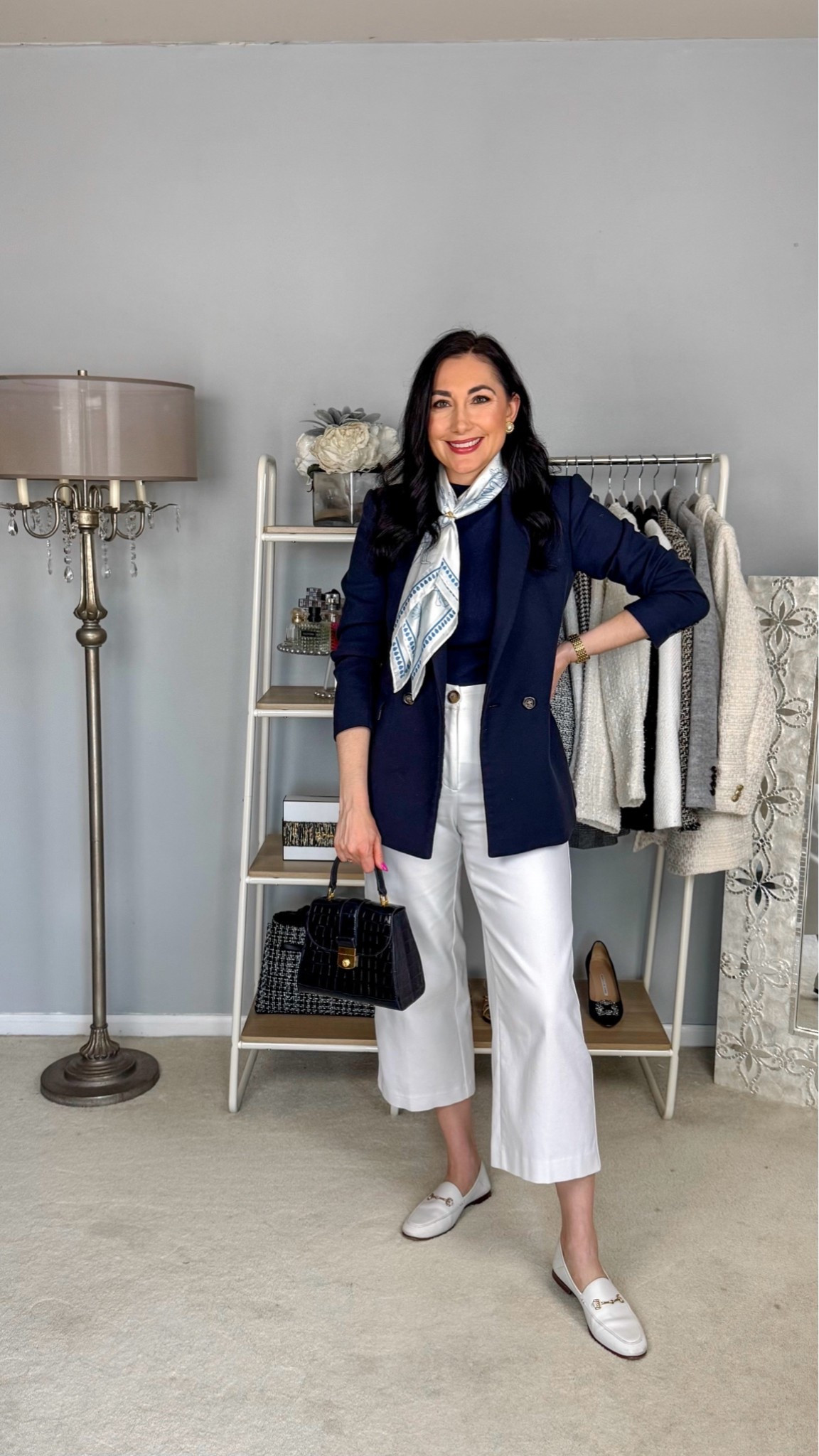 Business casual work outfit 💙🤍

Navy blazer 
Navy sleeveless shell top
White wide legs pants 
White loafers 
Blue and white neck scarf 

Work wear 
Office outfit 
Office style

#LTKWorkwear #LTKSeasonal