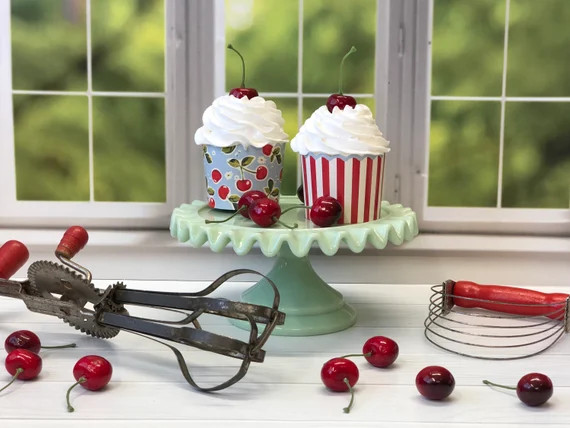 Cherry Cupcake, Fake Cherry Cupcake, Fake Cupcakes, Faux Cupcakes, Tiered Tray Decor, Tiered Tray... | Etsy (US)