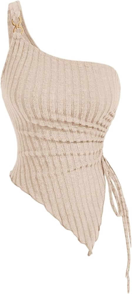 Floerns Women's One Shoulder Sleeveless Knitted Drawstring Asymmetrical Hem Ruched Tube Top | Amazon (US)