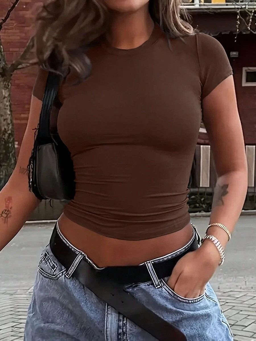 INAWLY Women's Summer Solid Color Round Neck Short Sleeve Slim Casual T-Shirt | SHEIN