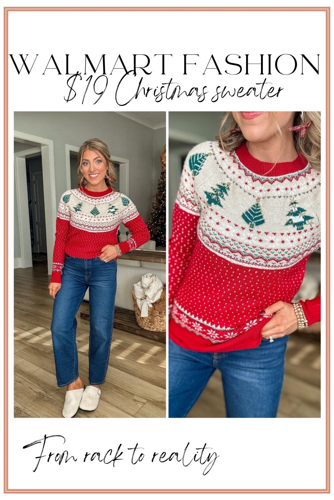 ✨ Walmart Fashion Christmas Sweater✨
Taking this $19 Walmart Christmas sweater from rack to reality and it could not be cuter! 🎄❤️ The festive fair isle print, the little tree details, the comfy fit—this one is truly the definition of an affordable holiday gem. Perfect for Christmas outfits, holiday photos, school parties, cookie baking nights and everything festive coming up.

Styled with Walmart jeans and cozy slippers for the cutest head-to-toe budget-friendly holiday look. 🎁✨ Amazing quality for under $20!

Shop the full look on LTK 🤍

#WalmartFashion #WalmartFinds #WalmartSweater #ChristmasSweater #HolidayOutfit #AffordableFashion #BudgetStyle #RackToReality #WalmartOutfit #HolidayStyle #FestiveFashion

#LTKSeasonal #LTKHoliday