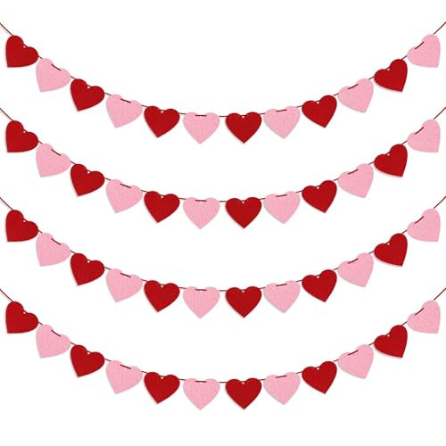 4 Pack Felt Heart Garland Banner, No DIY Valentine's Day Decorations Red Pink Hearts Hanging Banner 9.8ft Galentines Day Heart Felt Decor for Wedding Anniversary Birthday Home Valentine Party Supplies | Amazon (US)