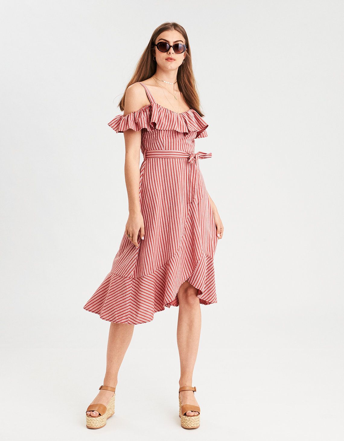 AE Striped Tie Belt Ruffle Midi Dress, Red | American Eagle Outfitters (US & CA)