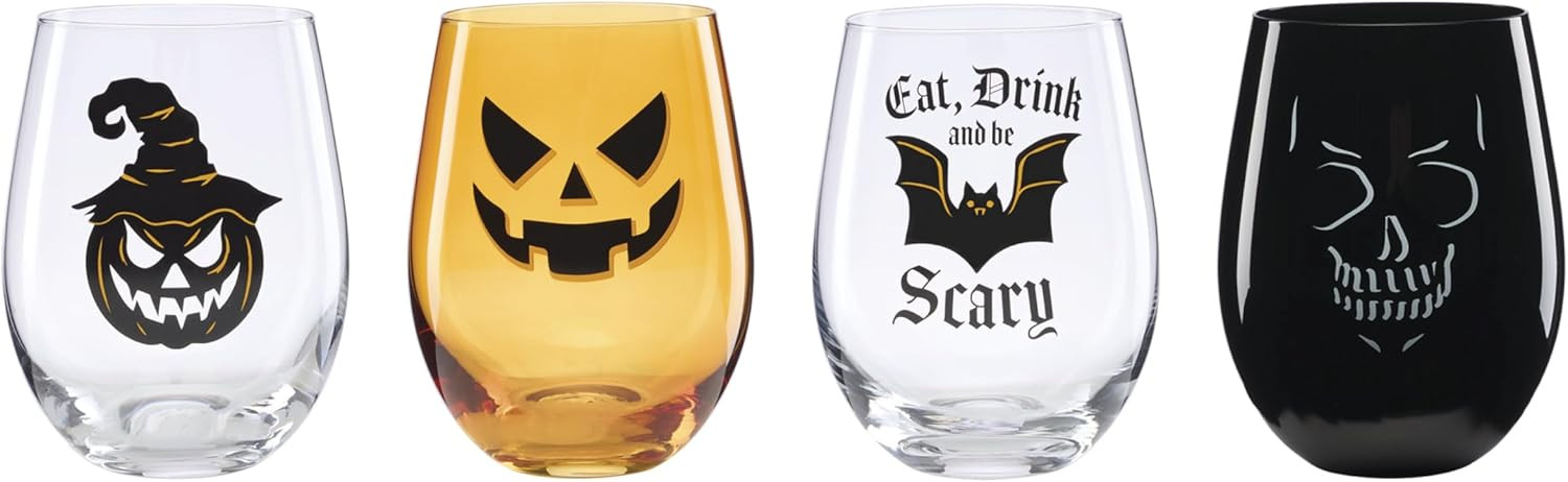 Oneida Barware, Vintro Halloween Stemless Wine Glasses, Set of 4, Dishwasher Safe, Made of Glass, Spooky Drinking Glasses Set, Halloween Decor Indoor, Skeletons and Bats as Design (4 Piece, 18 Oz) | Amazon (US)