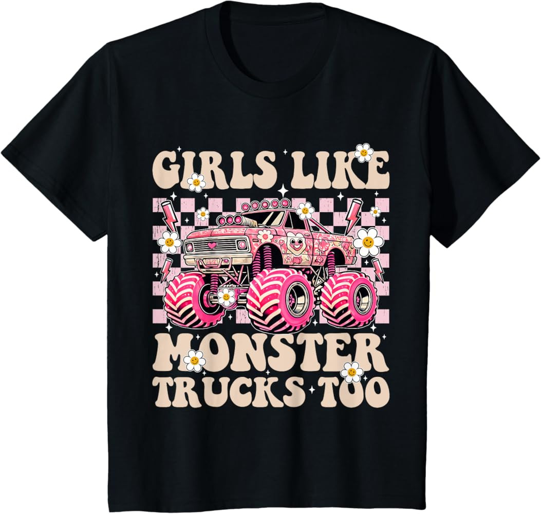 Funny Girls Like Monster Trucks Too Pink Monster Truck Girls T-Shirt | Amazon (US)
